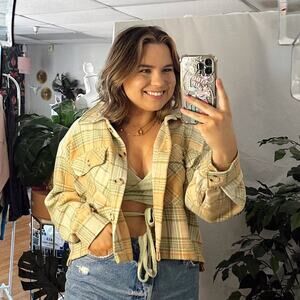 Cropped Plaid Button Front Jacket Yellow Size Medium